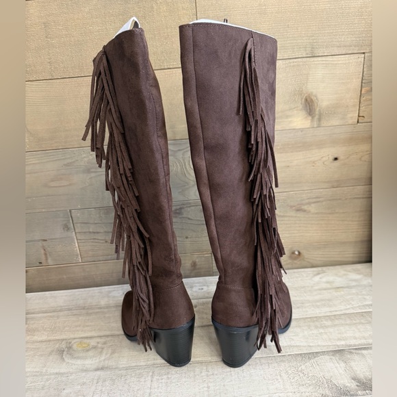 Brown Fringe Knee-High Boots, NWT - Picture 4 of 8